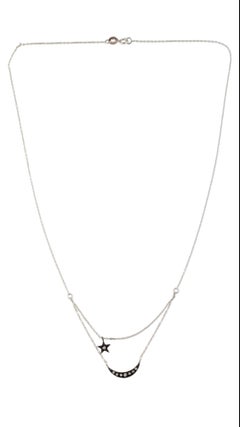 14K White Gold Moon & Star Diamond Pendant Necklace #15891