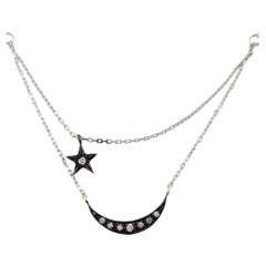14K White Gold Moon & Star Diamond Pendant Necklace #15891