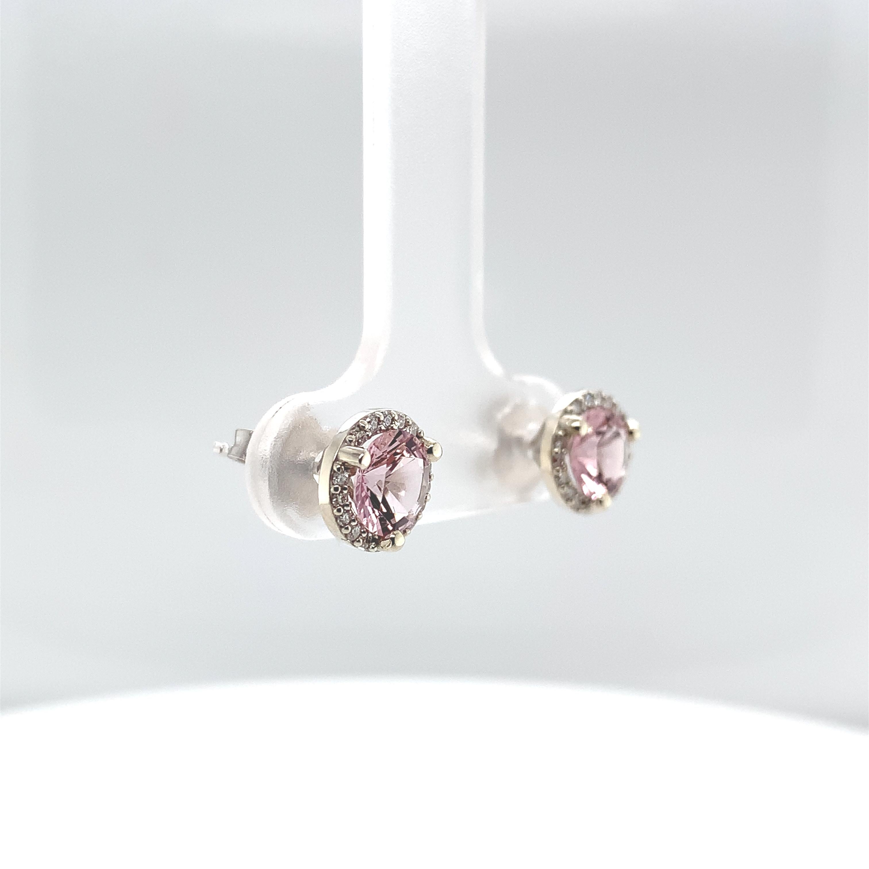 Round Cut 14K White Gold Morganite and Diamond Halo Stud Earrings For Sale