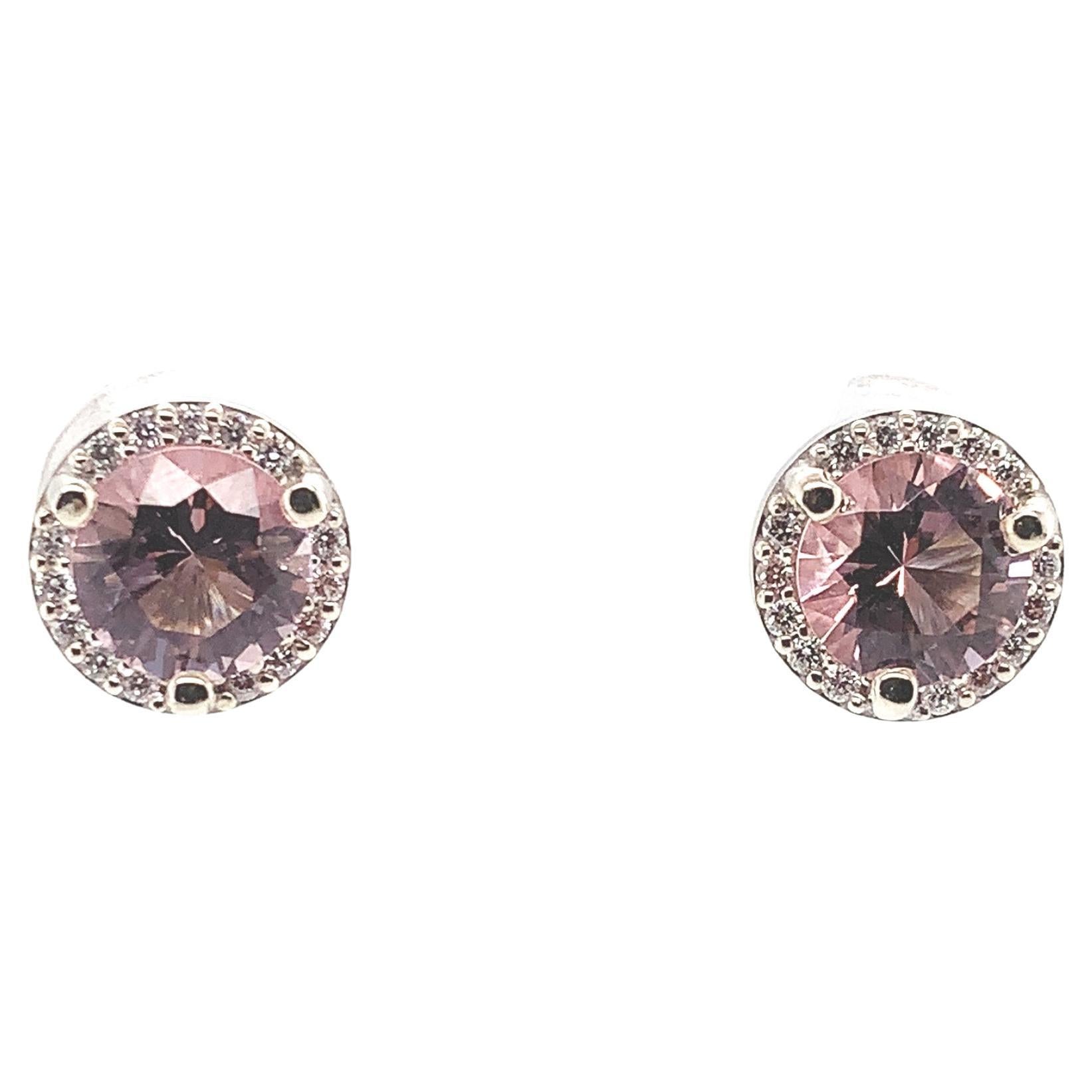 14K White Gold Morganite and Diamond Halo Stud Earrings For Sale