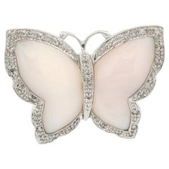 14k White Gold Mother Of Pearl 0.15ctw Pave Diamond Frame Butterfly Pin Brooch