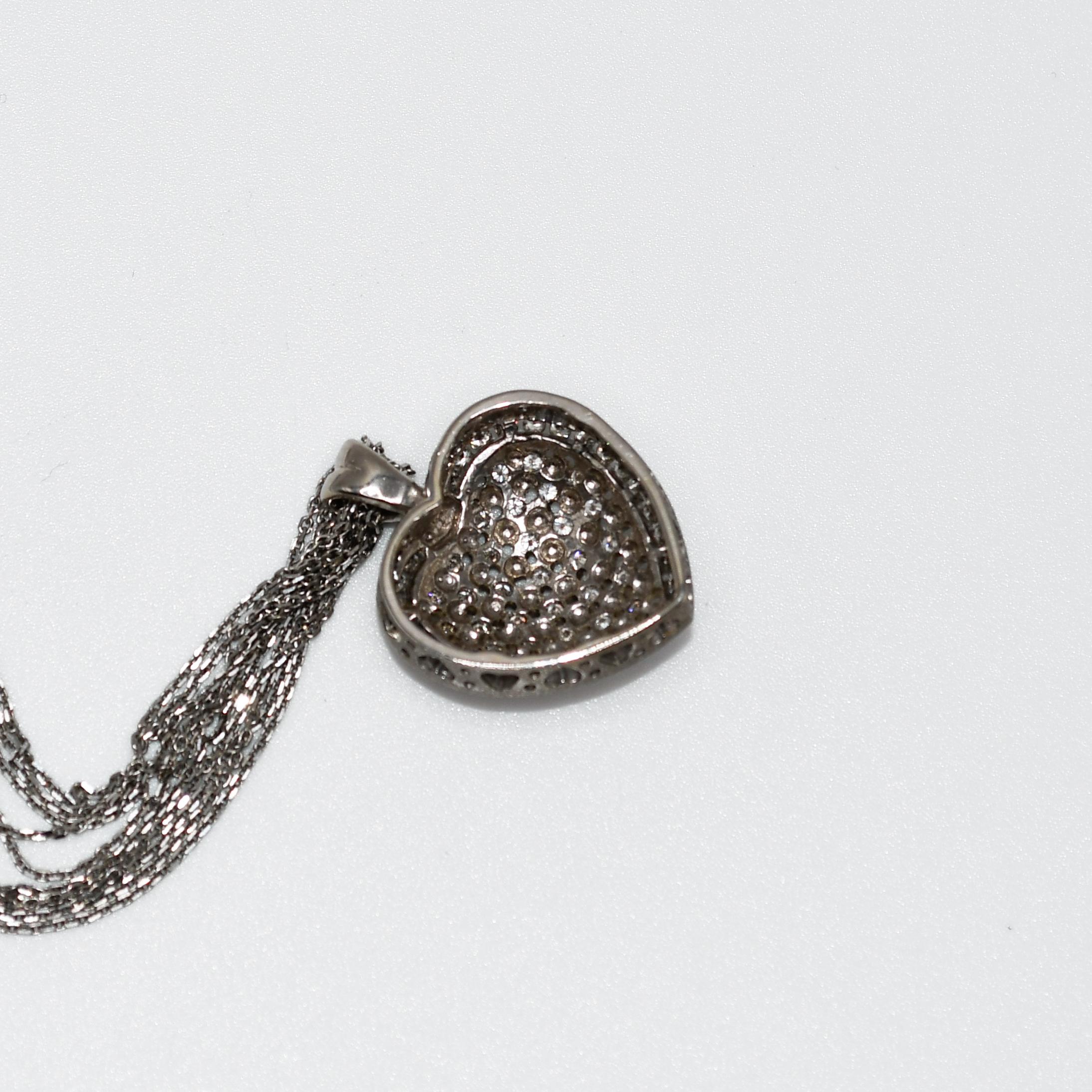 14K White Gold Multi Chain Heart Pendant, Diamond Necklace, 12.3gr For Sale 2