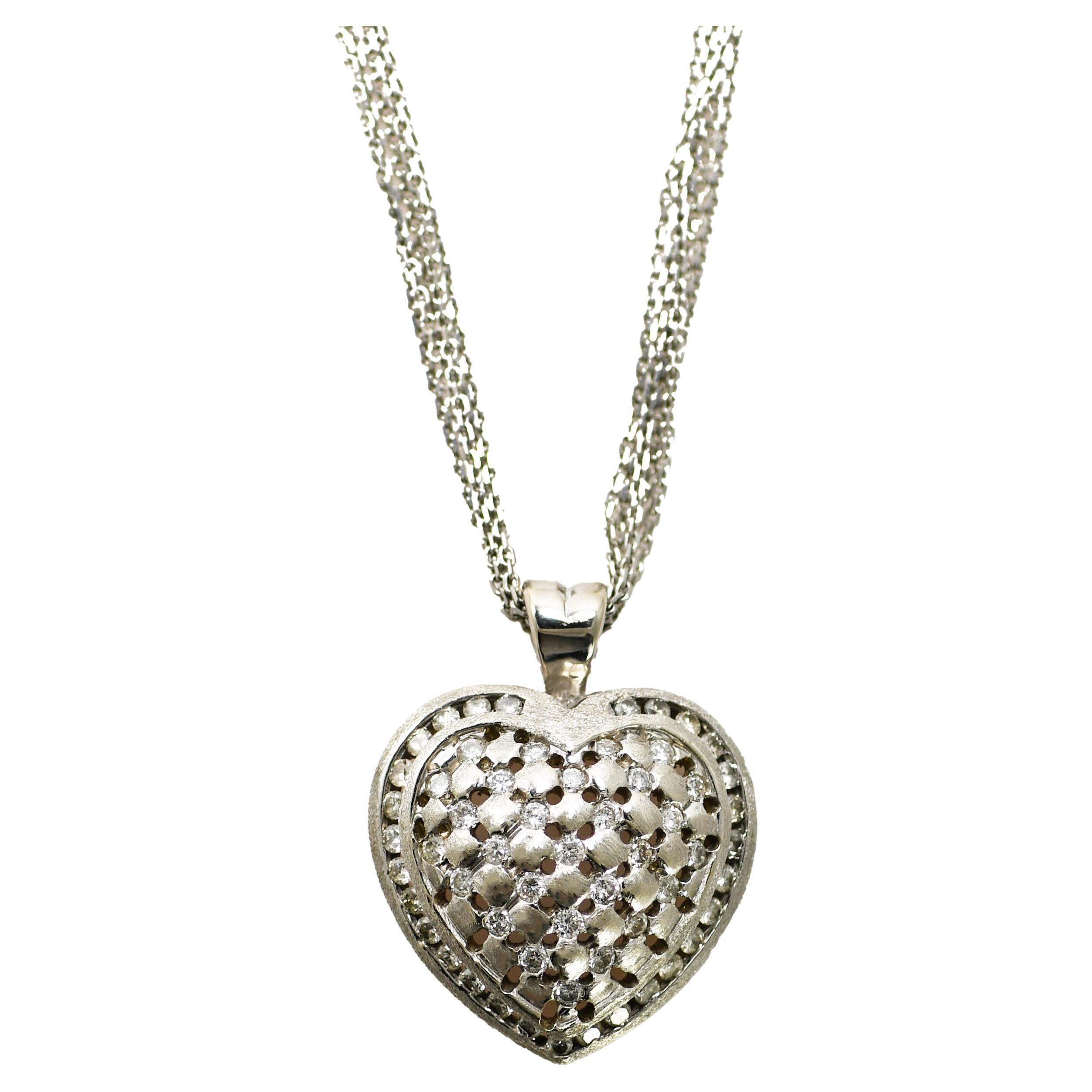 14K White Gold Multi Chain Heart Pendant, Diamond Necklace, 12.3gr For Sale