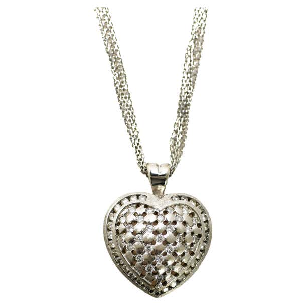 14K White Gold Multi Chain Heart Pendant, Diamond Necklace, 12.3gr For ...