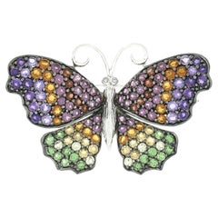 14k White Gold Multi Color Natural Gemstone & Diamond Pave Butterfly Brooch Pin