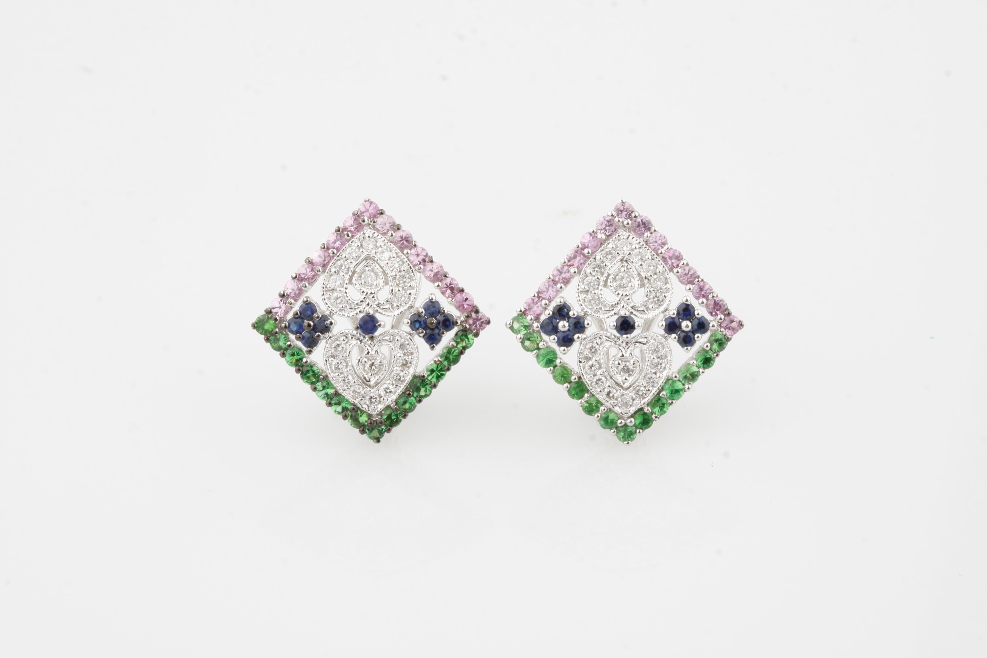 Beautiful Plaque Earrings in 14k White Gold
Pink, Green, and Blue Sapphire
Diamond Heart Accents with Milgrain Detailing
Total Carat Weight of All Stones = 2.87 cts
Dimensions of Plaque = 16 mm x 16 mm 
Total Mass = 7.50 grams