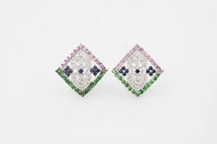 14k White Gold Multi-Color Sapphire and Diamond Plaque Earrings 2.87 Carat