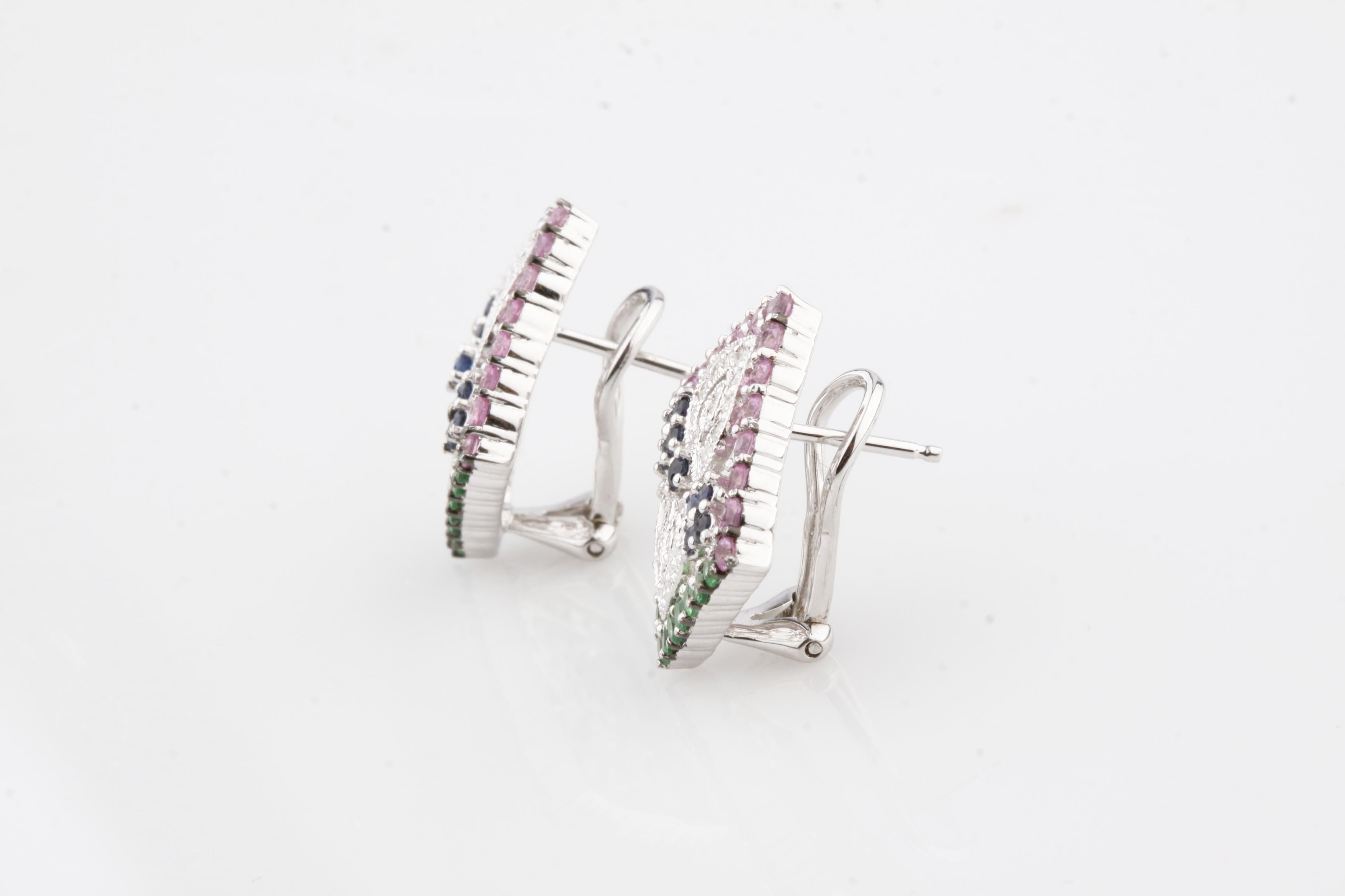 Modern 14k White Gold Multi-Color Sapphire and Diamond Plaque Earrings 2.87 Carat For Sale
