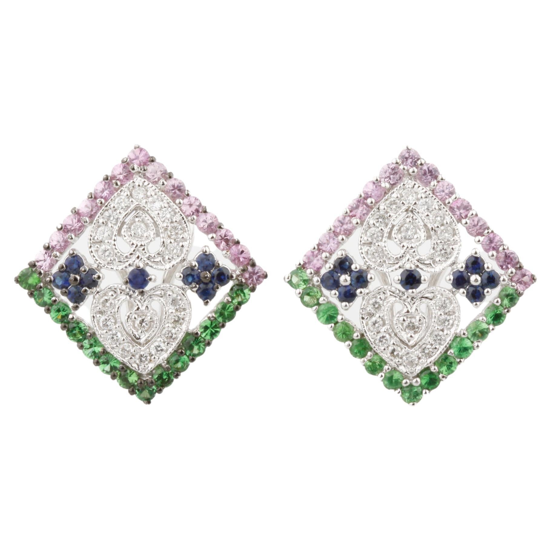 14k White Gold Multi-Color Sapphire and Diamond Plaque Earrings 2.87 Carat For Sale