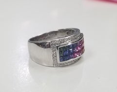 14 Karat White Gold Multicolored Princess Cut Sapphires Surrounded by Diamonds