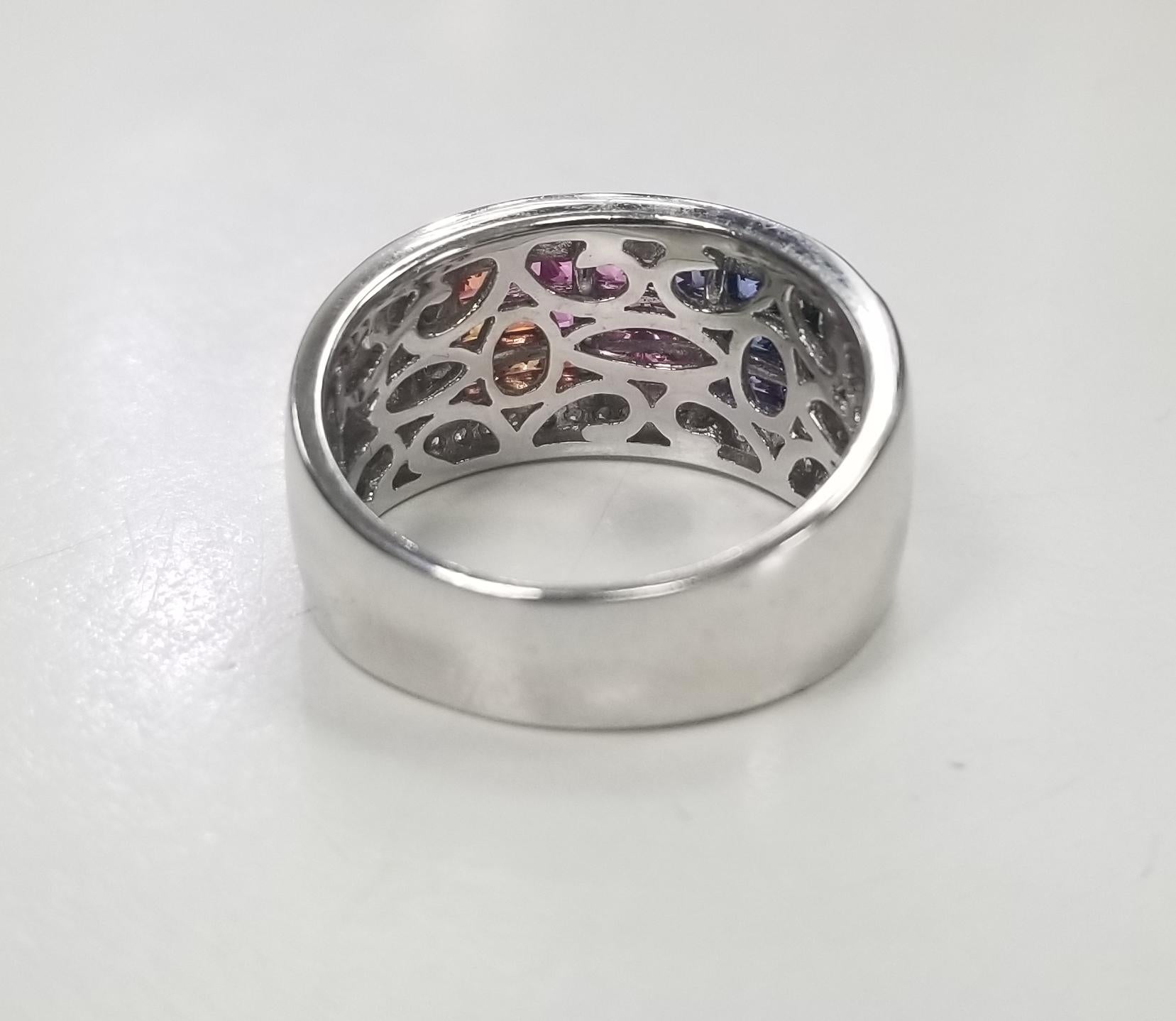 Modern 14 Karat White Gold Multicolored Princess Cut Sapphires Surrounded by Diamonds For Sale