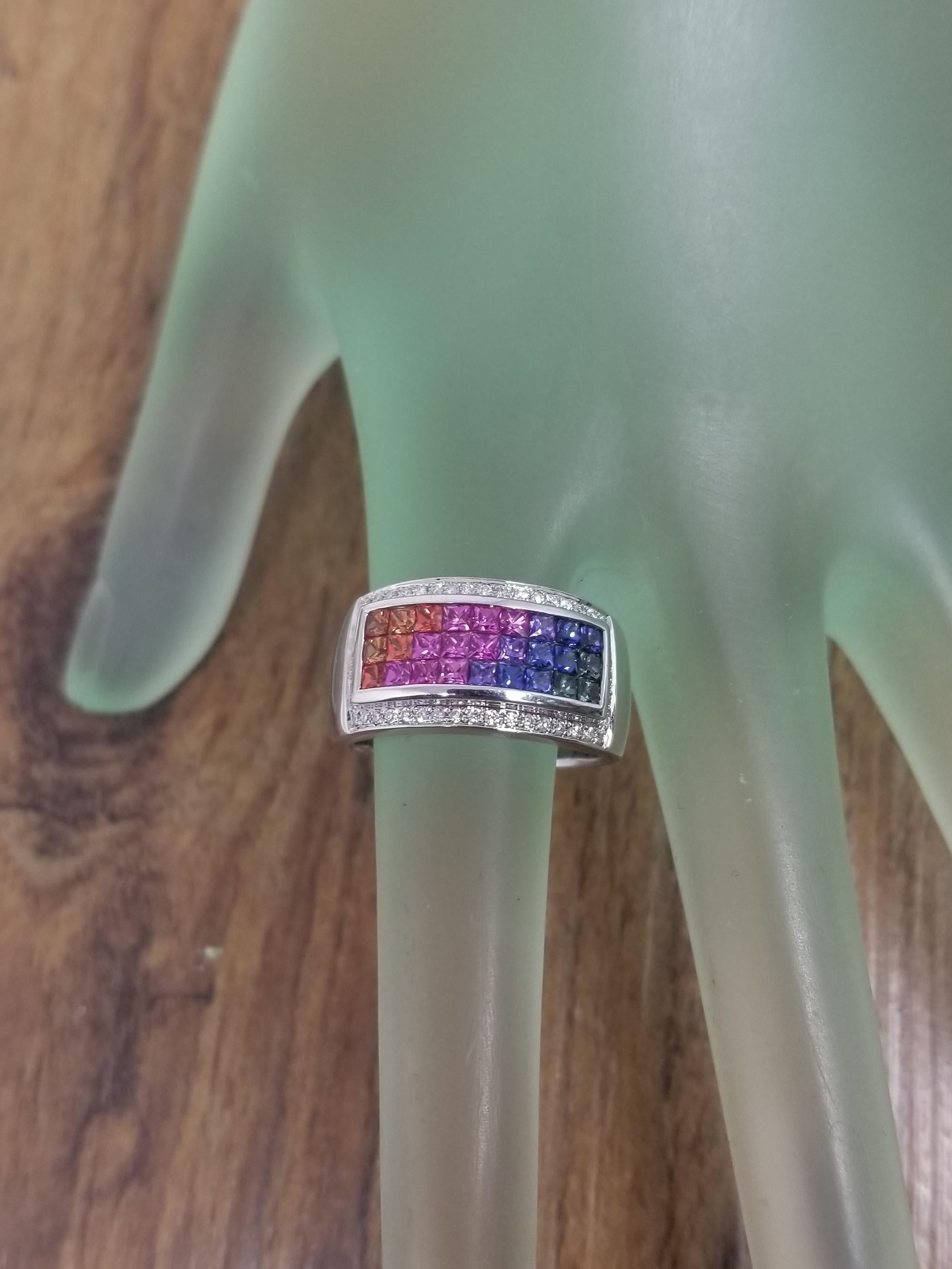 Women's or Men's 14 Karat White Gold Multicolored Princess Cut Sapphires Surrounded by Diamonds For Sale