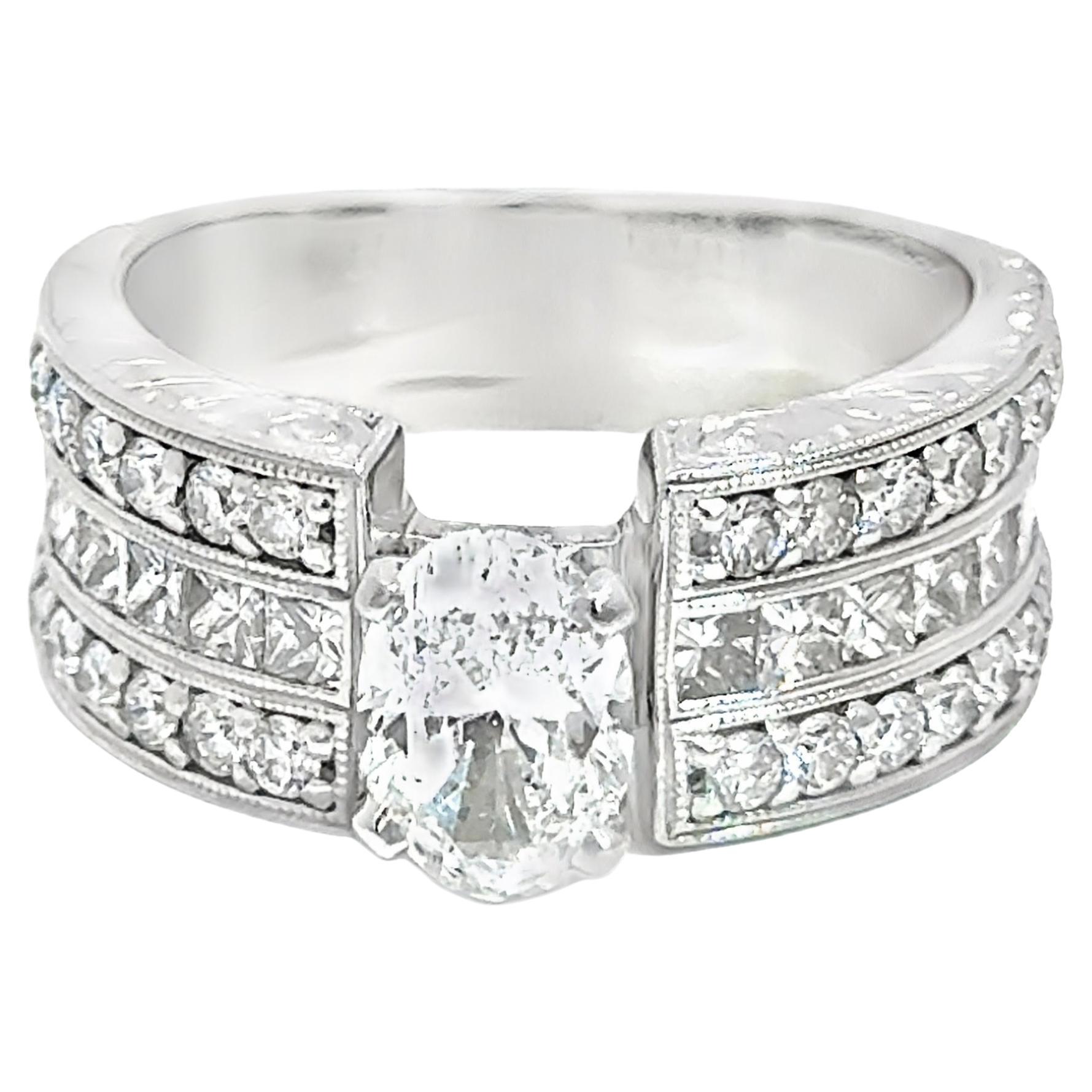 Or blanc 14K Diamant multi-taille 1.20 ct centre ovale en vente