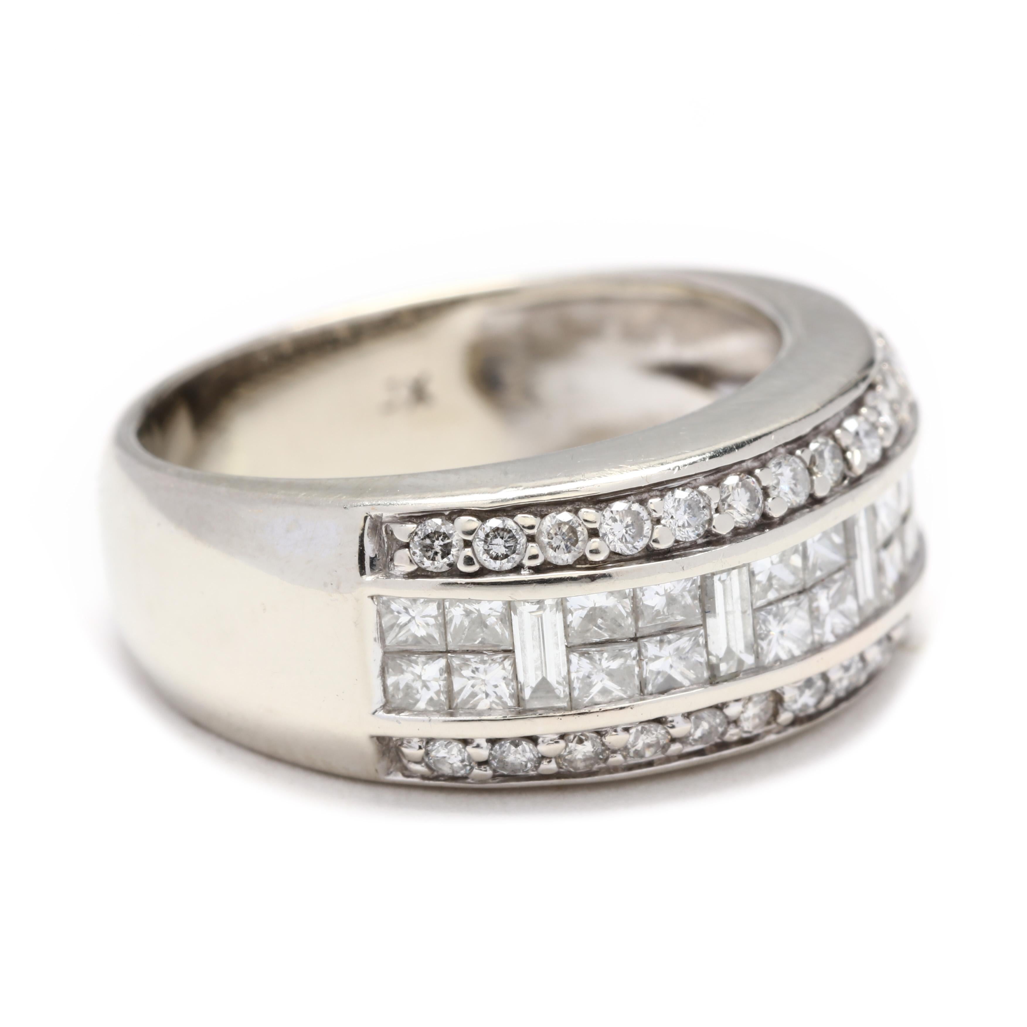 14k white gold multi-diamond wide band. A fantastic diamond band with round, baguette and princess cut diamonds. This would make a beautiful alternative wedding band or a statement right-hand ring! 

Stones:
- diamonds, 50 stones
- full cut round
-