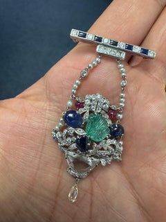 14K White Gold Multi-Gem Basket Brooch with Carved Emerald, Sapphires, Rubies, D