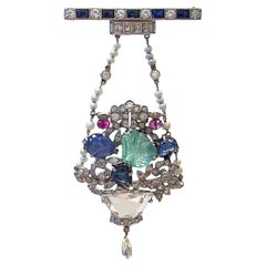 14K White Gold Multi-Gem Basket Brooch with Carved Emerald, Sapphires, Rubies, D