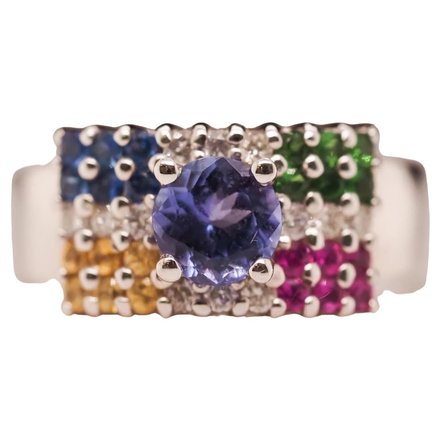 14K White Gold Multi Gem Stone and Diamond Cocktail Ring