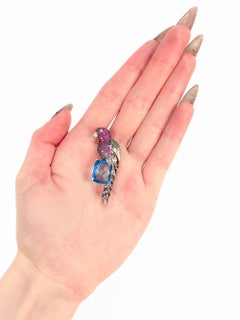 14K White Gold, Multi-Gemstone, & Diamond Parrot or Macaw Bird Brooch