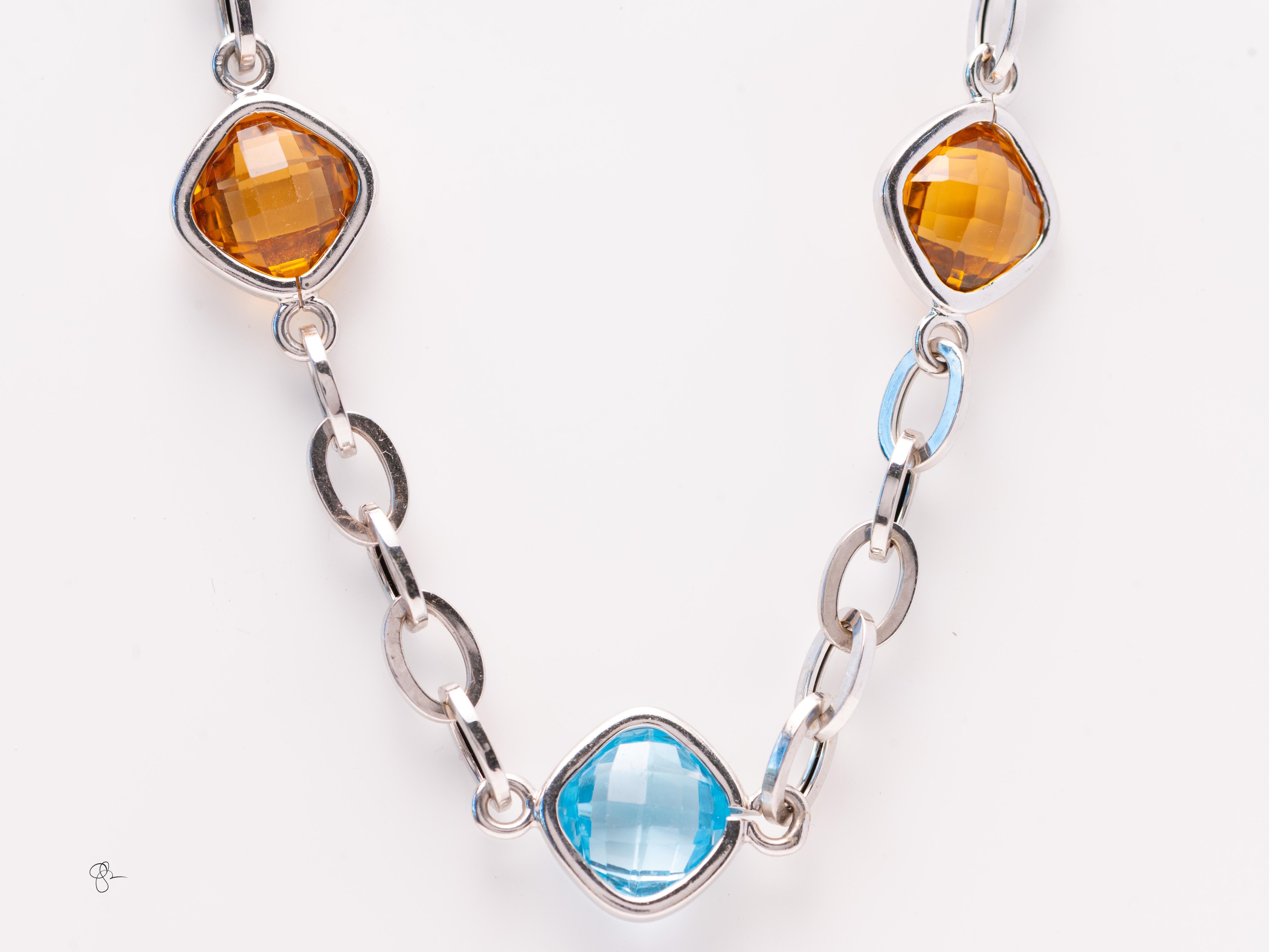 Quadrato Collana a stazioni con più pietre preziose in oro bianco 14k - Ametista, Citrino e Topazio blu in vendita
