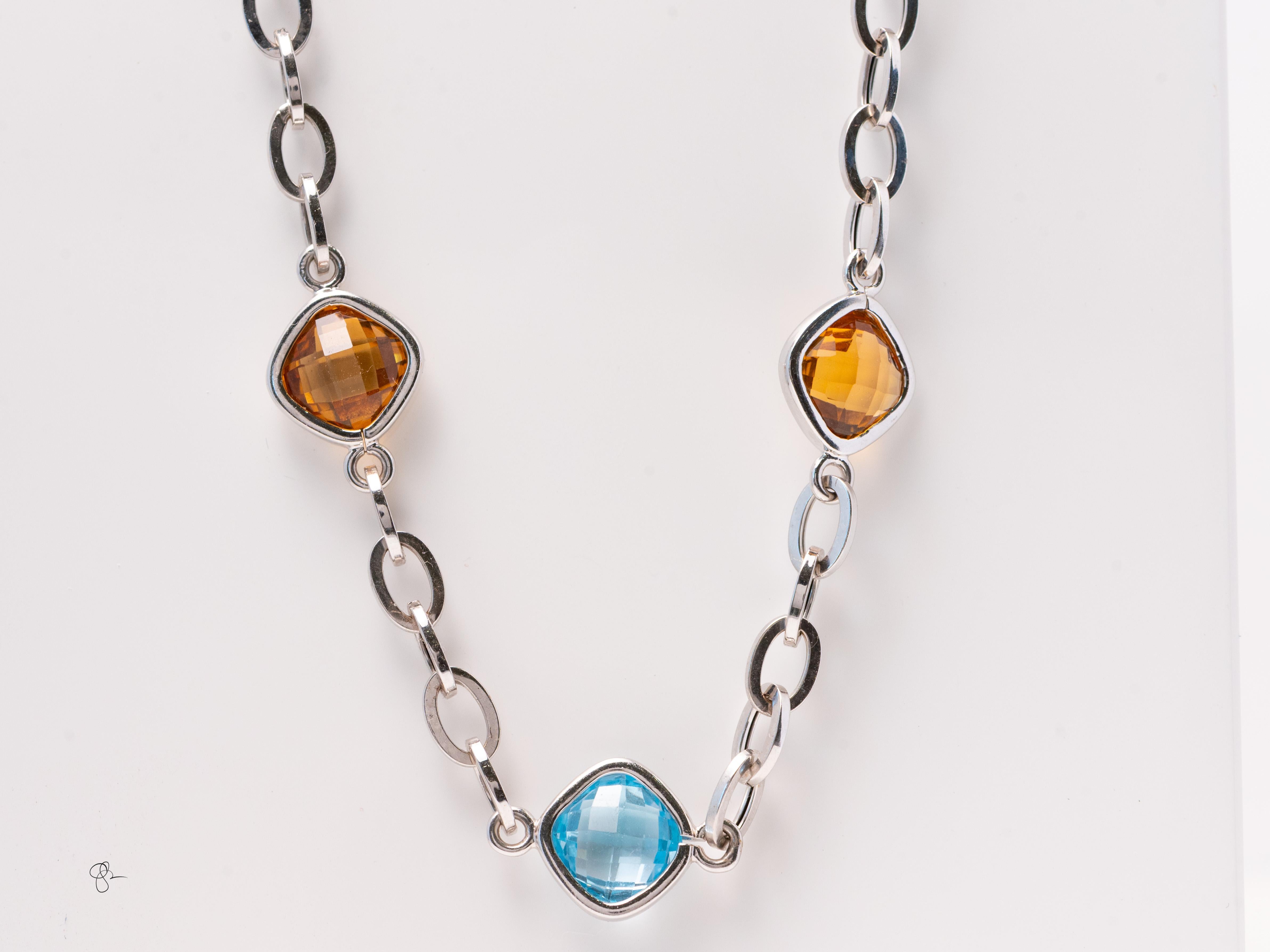 Collana a stazioni con più pietre preziose in oro bianco 14k - Ametista, Citrino e Topazio blu In condizioni buone in vendita a Tucson, AZ