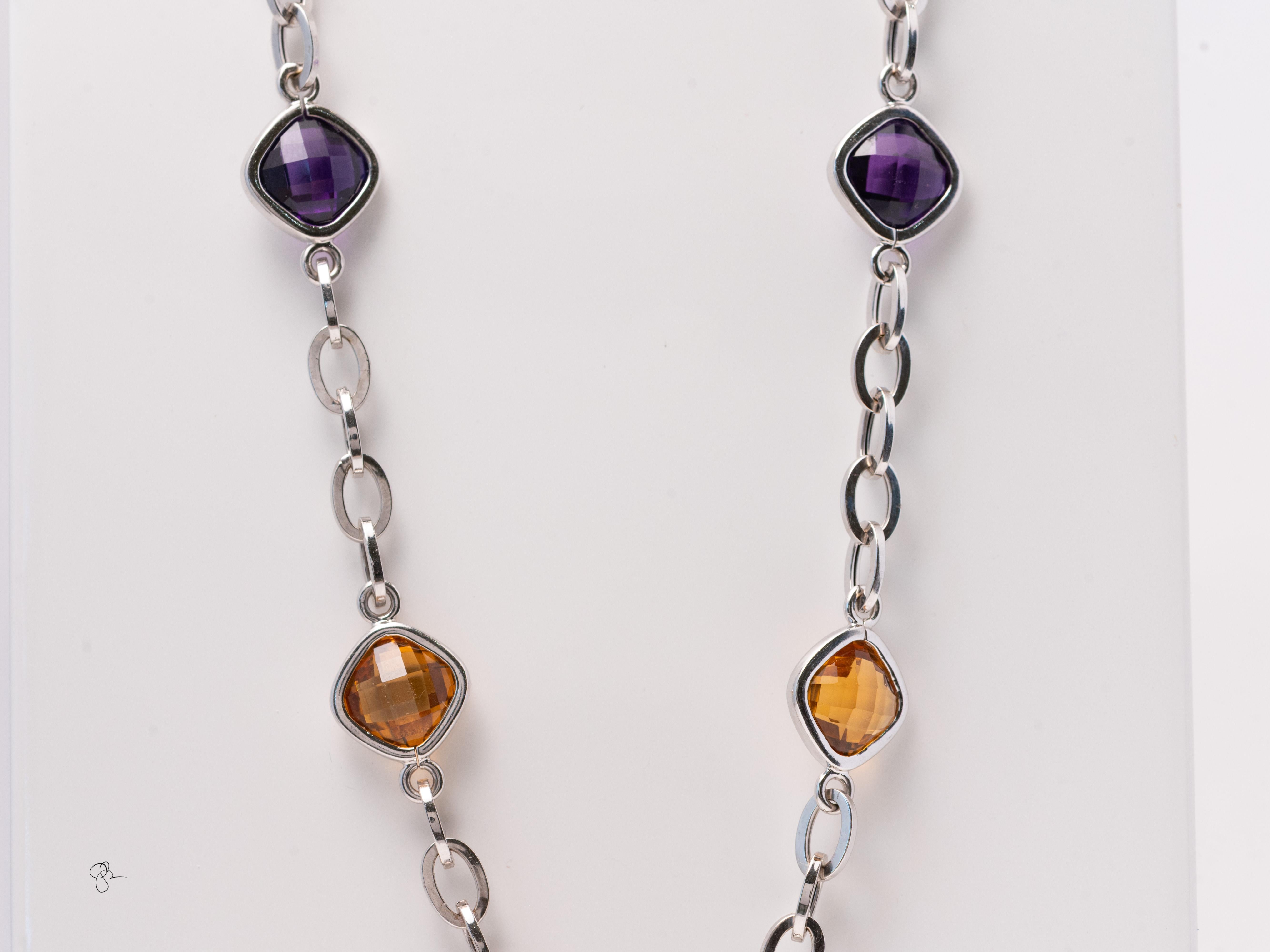 da uomo o donna Collana a stazioni con più pietre preziose in oro bianco 14k - Ametista, Citrino e Topazio blu in vendita