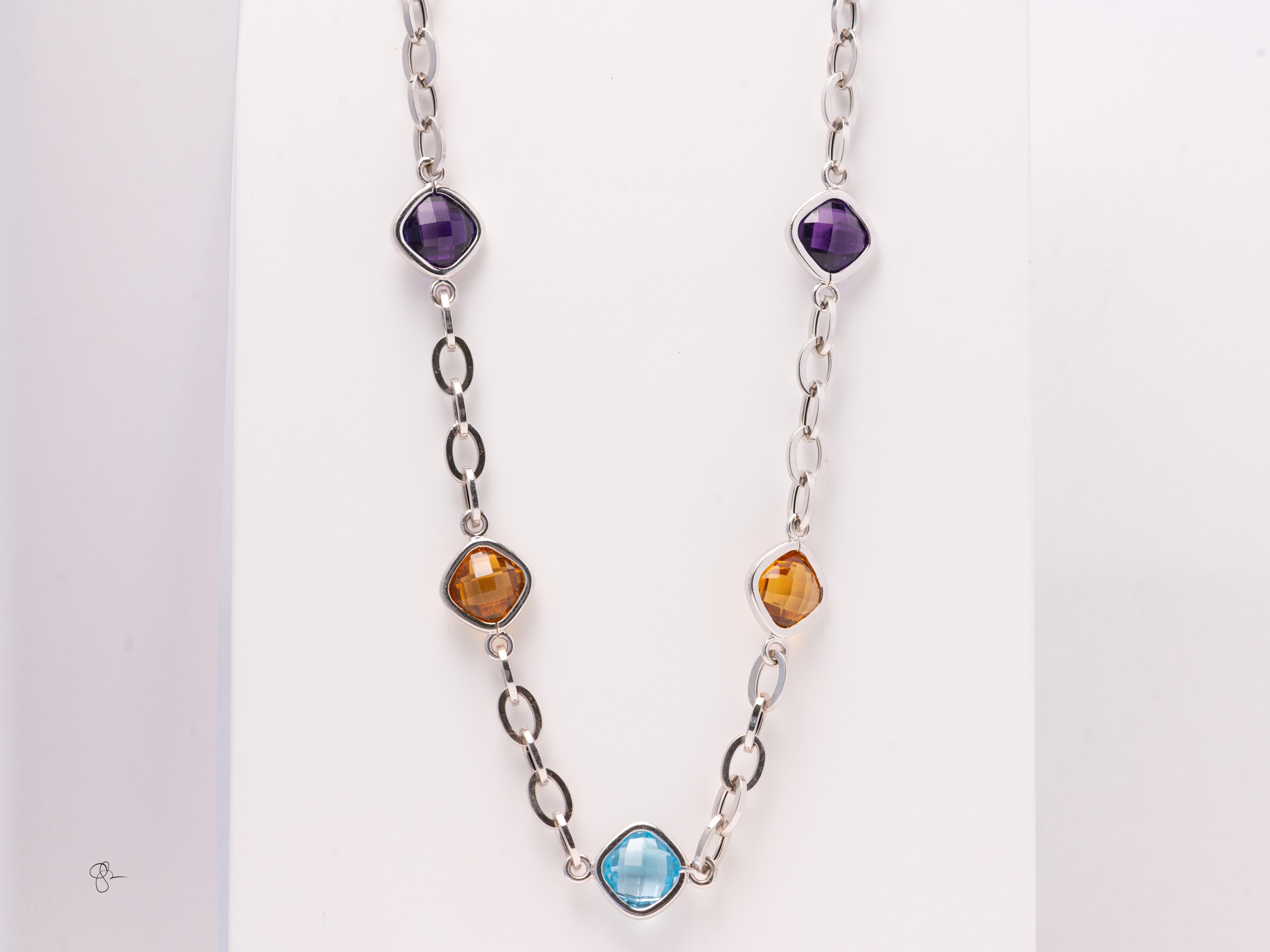Collana a stazioni con più pietre preziose in oro bianco 14k - Ametista, Citrino e Topazio blu in vendita 1
