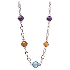 14k White Gold Multi-Gemstone Station Necklace — Amethyst, Citrine & Blue Topaz
