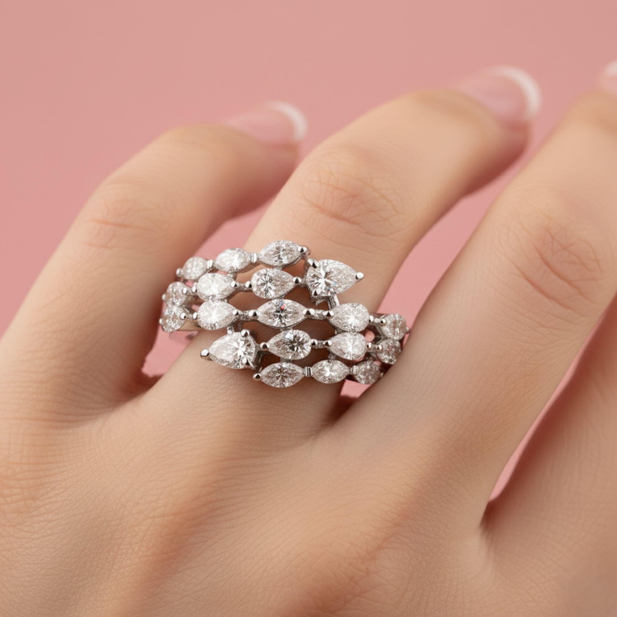 En vente :  14k Or blanc Multi-Row Pear Cluster Wedding Ring Fine Jewelry Bridesmaid Gift 2