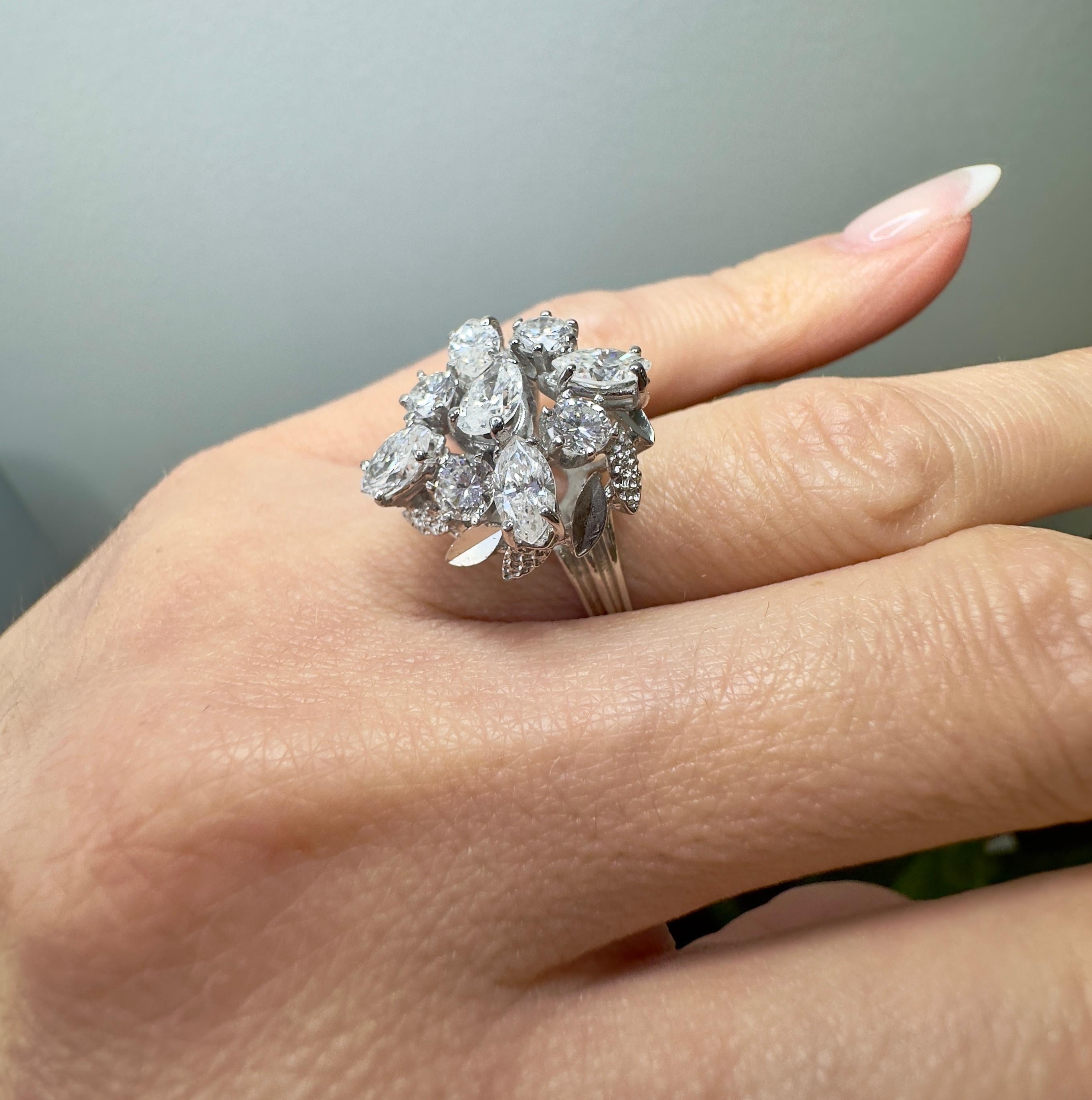 Mixed Cut 14k White Gold Multi-Shape Diamond Cocktail Ring 2 Carat Total For Sale