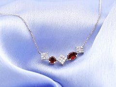 14K White Gold Multi-Shape Garnet and Diamond Geometric Curved Drop Necklace