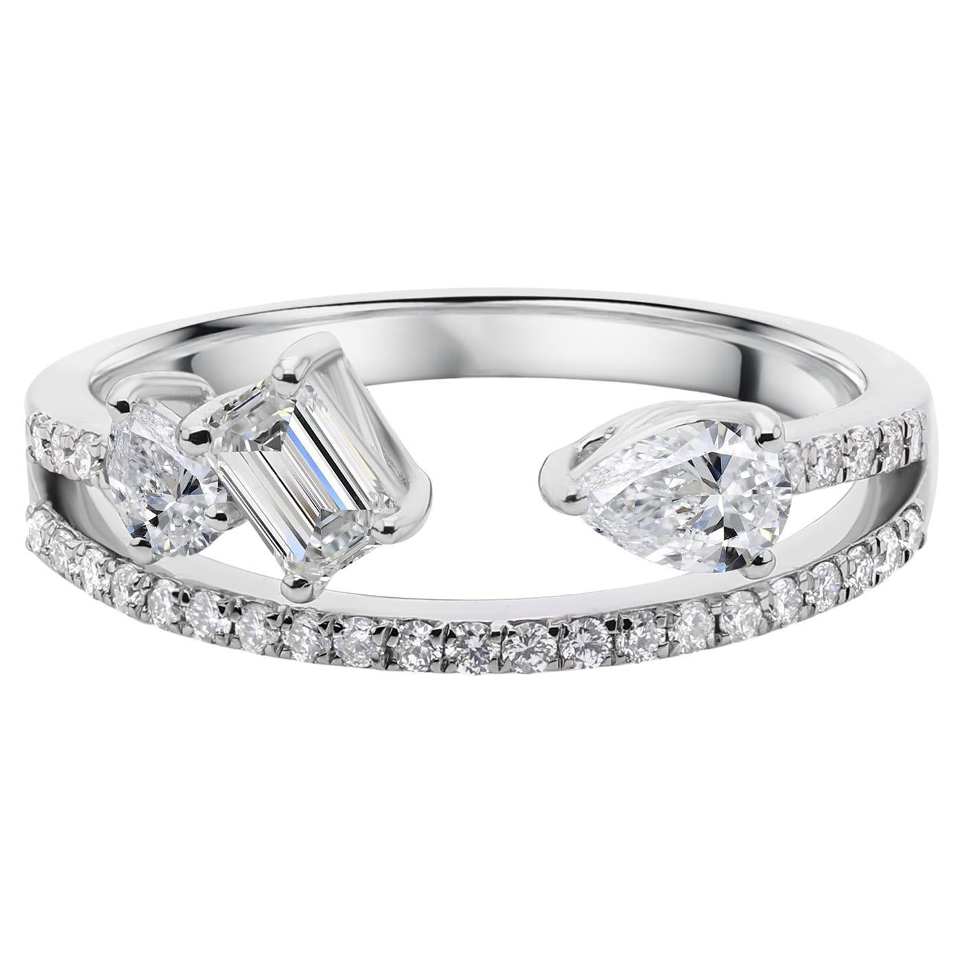 14k White Gold Multi Shape Natural Diamond Open Band Ring