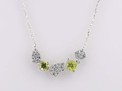 14K White Gold Multi-Shape Peridot and Diamond Cluster Curved Bar Necklace