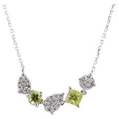 14K White Gold Multi-Shape Peridot and Diamond Cluster Curved Bar Necklace