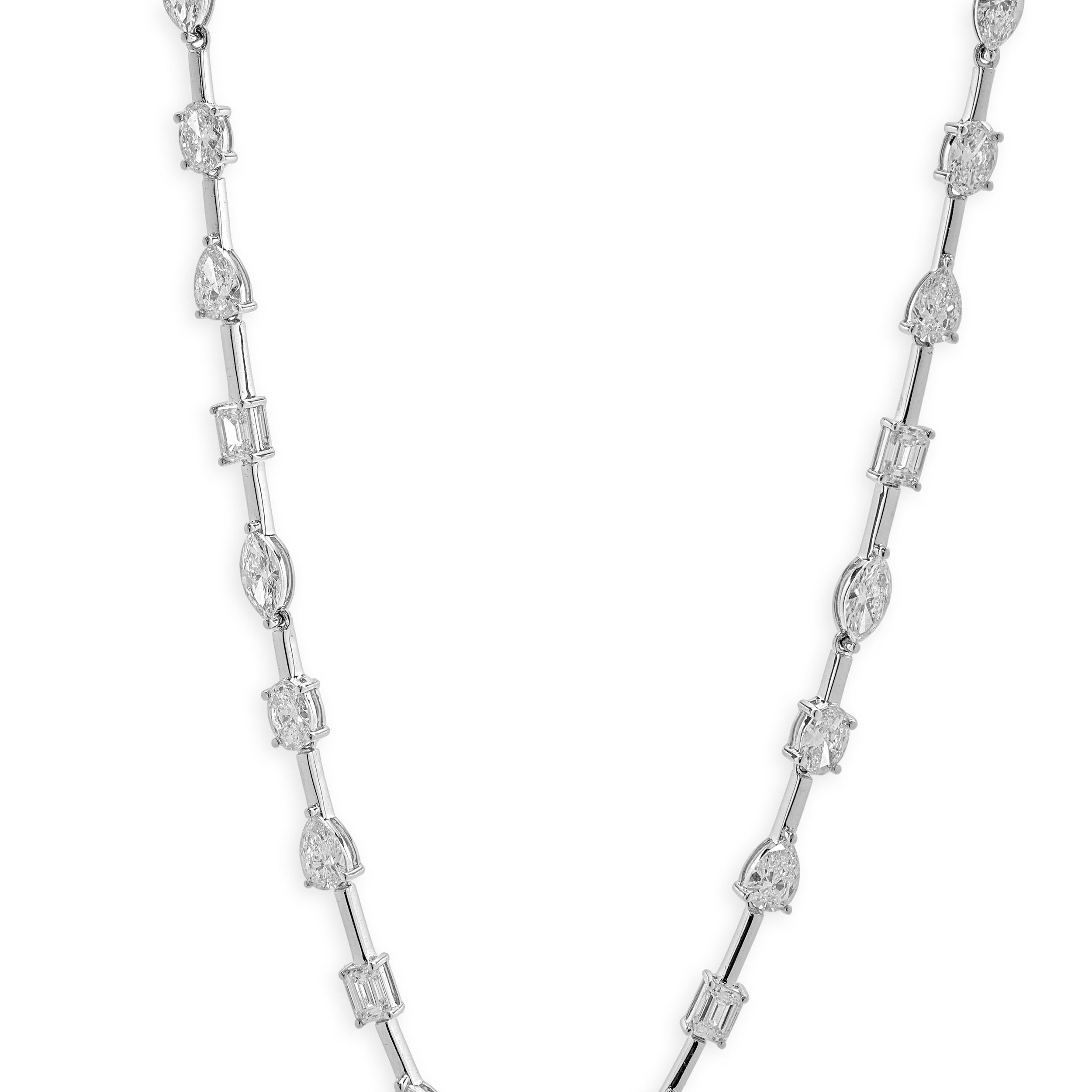 Designer: custom
Material: 14K white gold
Diamonds: 49 round brilliant Diamonds= 9.37cttw
Color: G
Clarity:VS-SI1
Dimensions: necklace measures 17-inches in length 
Weight: 15.13 grams
