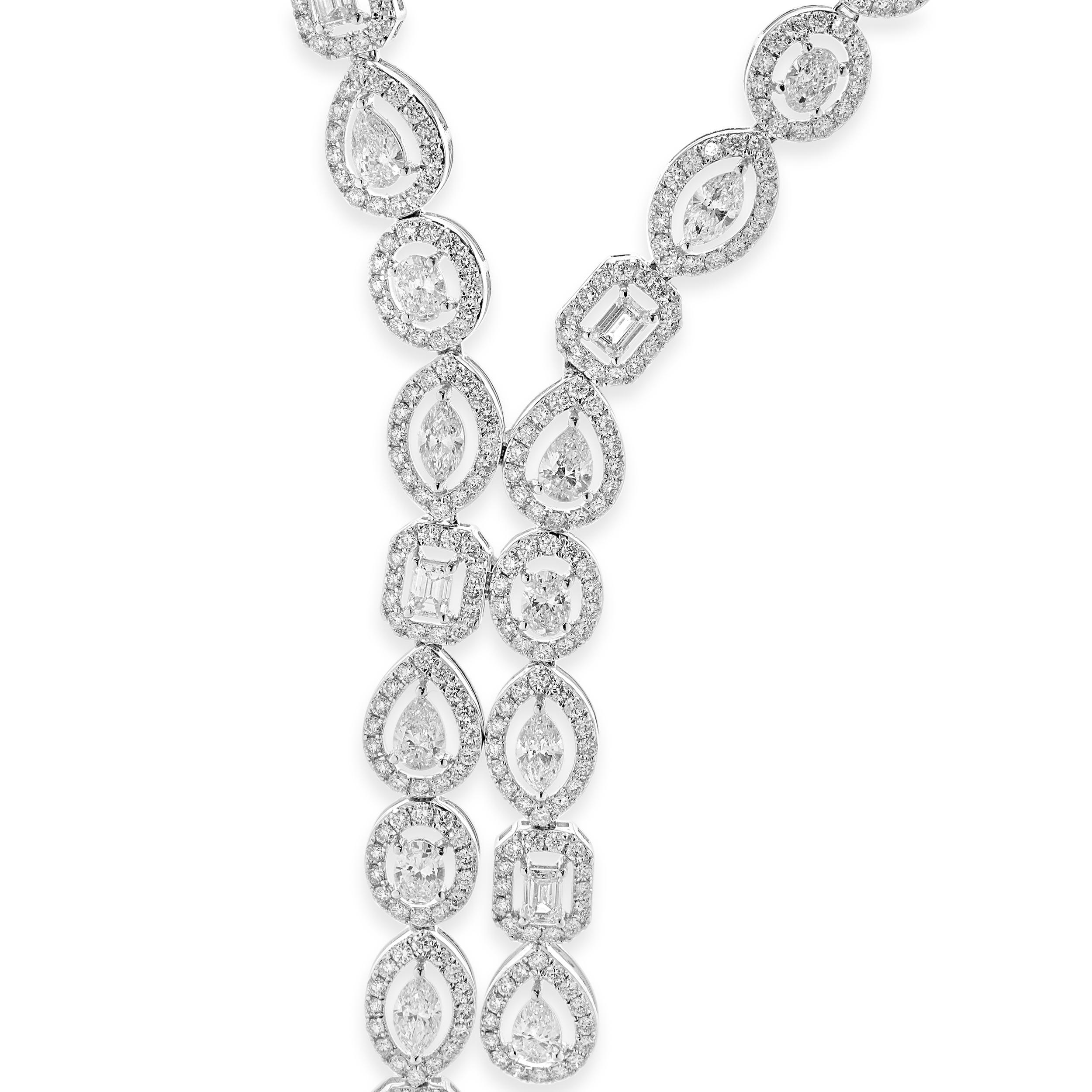 Designer: custom
Material: 14K white gold
Diamonds:  Multi-Shaped and round brilliant Diamonds= 17.97cttw
Color: G
Clarity:VS-SI1
Dimensions: necklace measures 16.5-inches in length 
Weight: 32.22 grams
