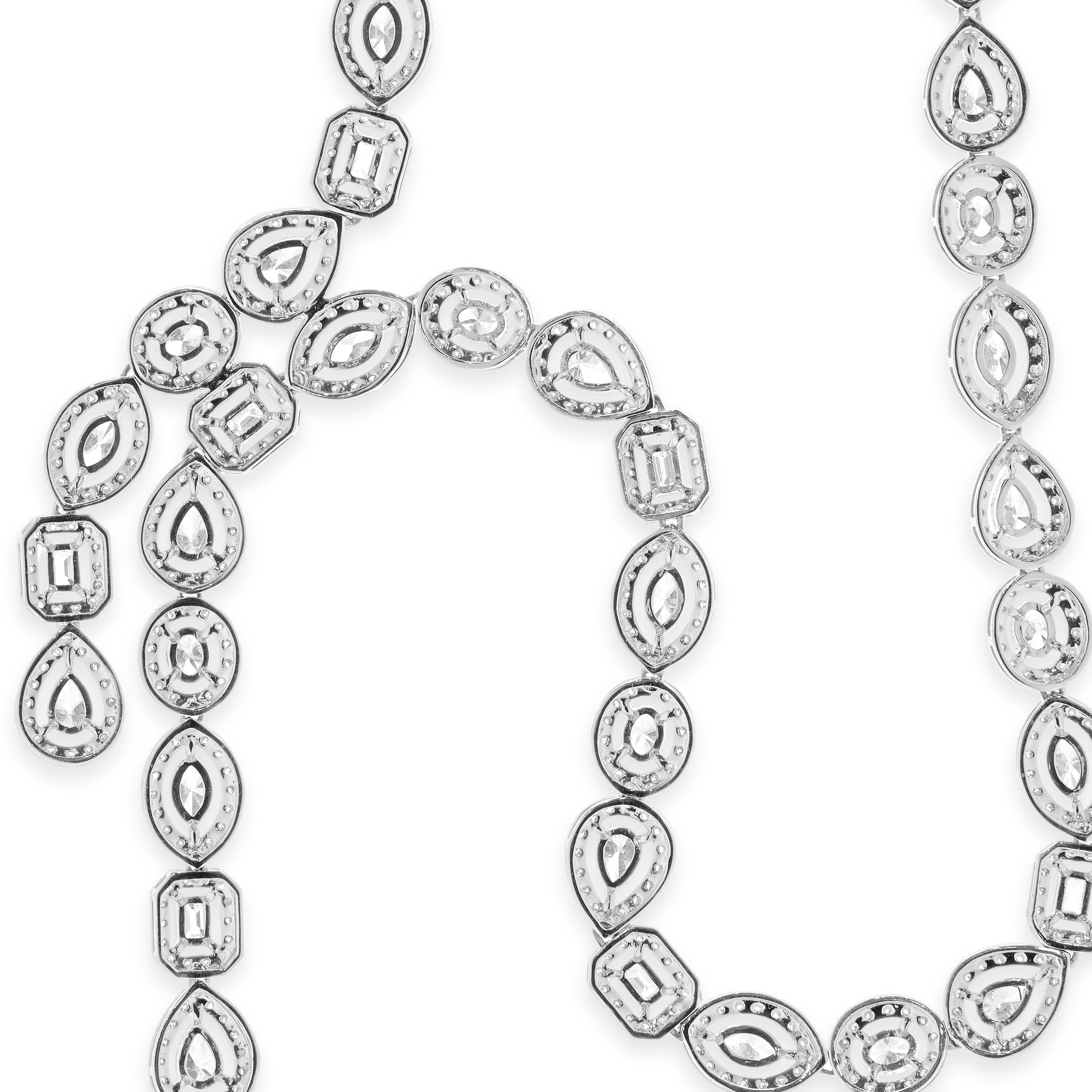 Mixed Cut 14k White Gold Multi-Shaped Halo Diamond Lariat Necklace For Sale
