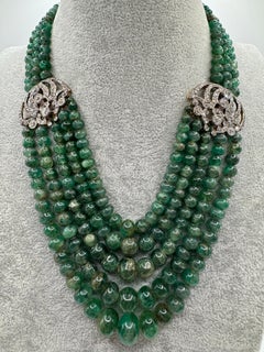 14K White Gold Multi-Strand Emerald Bead and Diamond Necklace