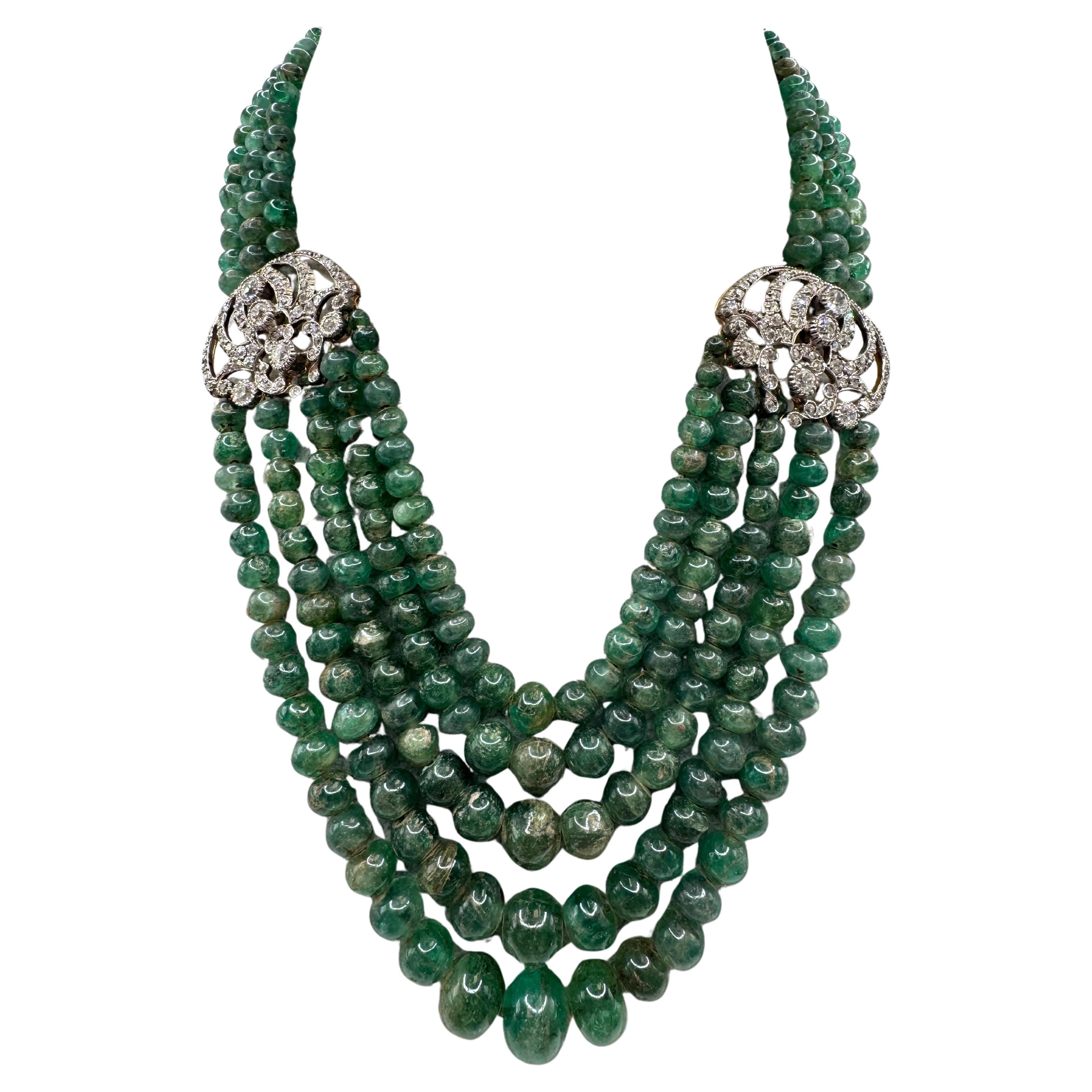 14K White Gold Multi-Strand Emerald Bead and Diamond Necklace
