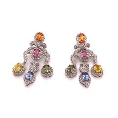 14 Karat White Gold Multi-Color Gemstone Diamond Drop Earrings