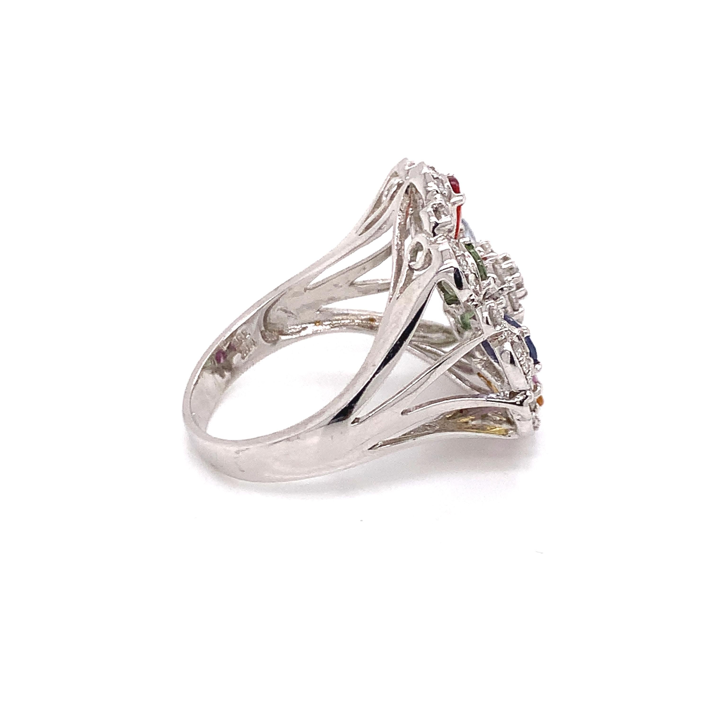 14 Karat Weißgold Multi-Color Edelstein Diamant Floral Cocktail-Ring (Ovalschliff) im Angebot