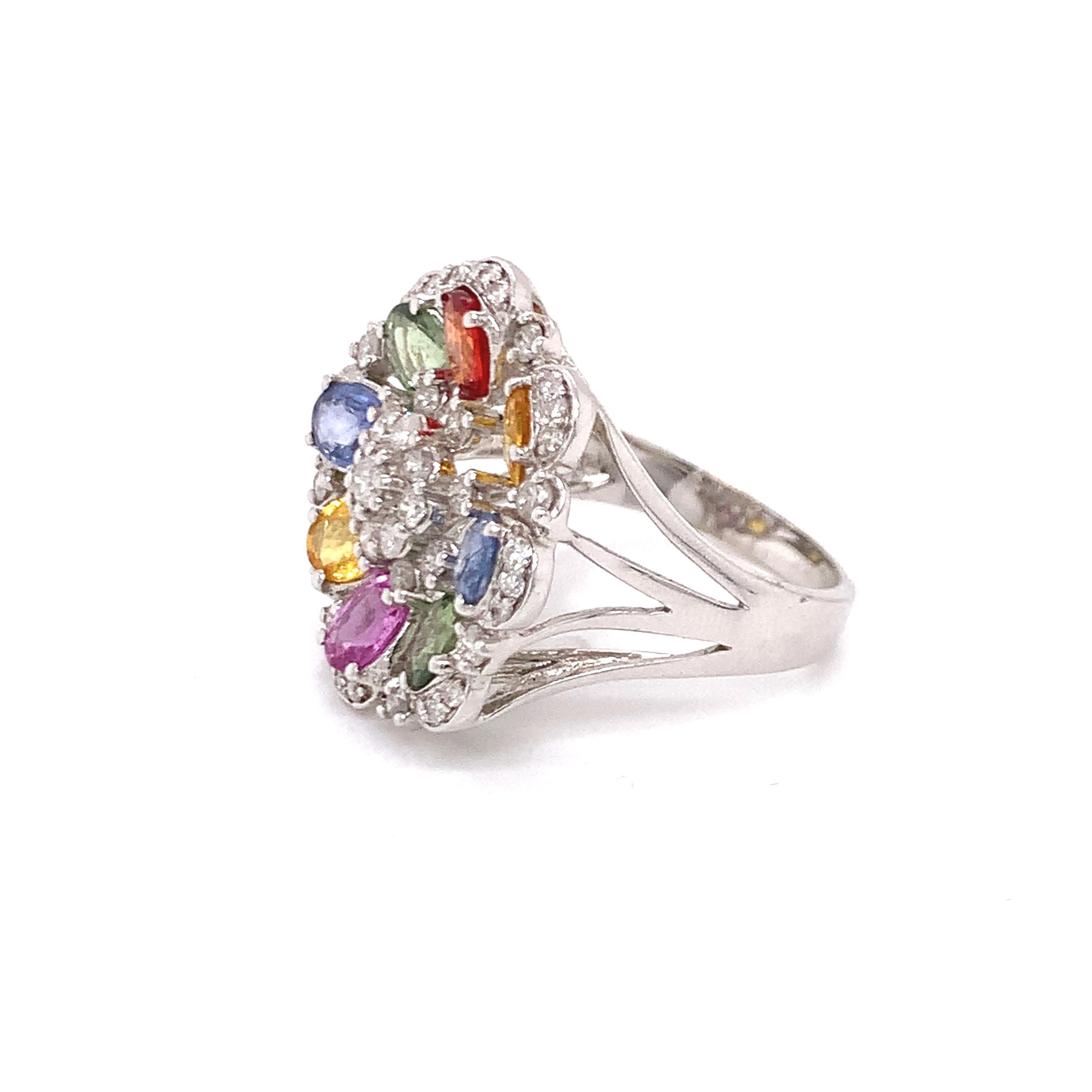 14 Karat Weißgold Multi-Color Edelstein Diamant Floral Cocktail-Ring Damen im Angebot