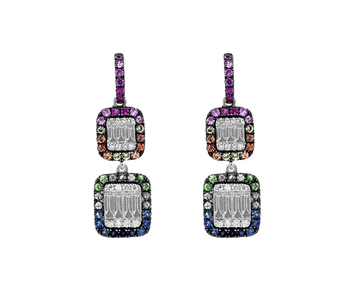 14K White Gold Multicolor Sapphire And Diamond Earrings featuring 0.81 Carats T.W. of Sapphires and 0.66 Carat T.W. Diamonds

Underline your look with this sharp 14K White Gold Diamond and Sapphire Earrings. High quality Diamonds and sapphires. This