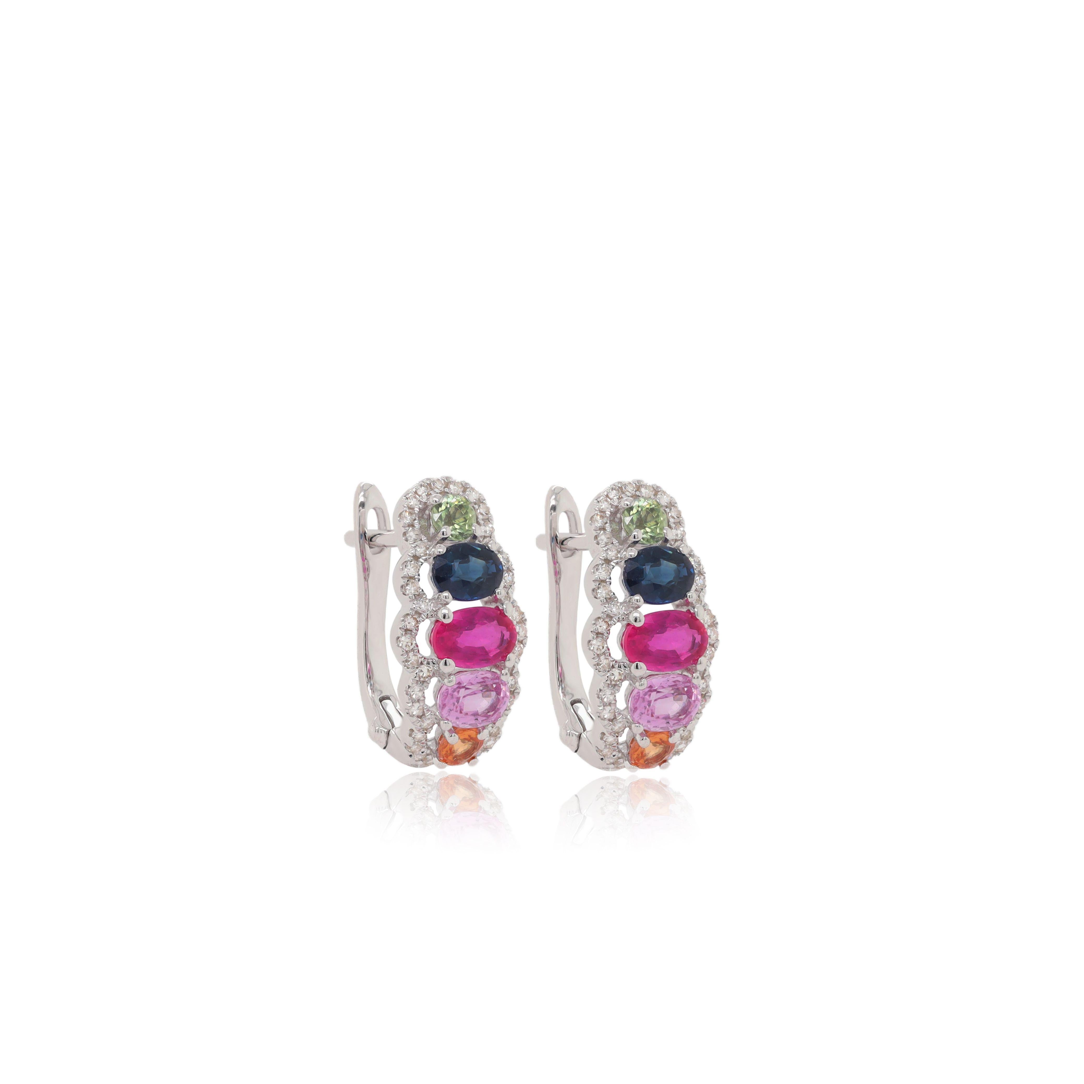 14K White Gold Multicolor Sapphire and Diamond Earrings In New Condition In New York, NY