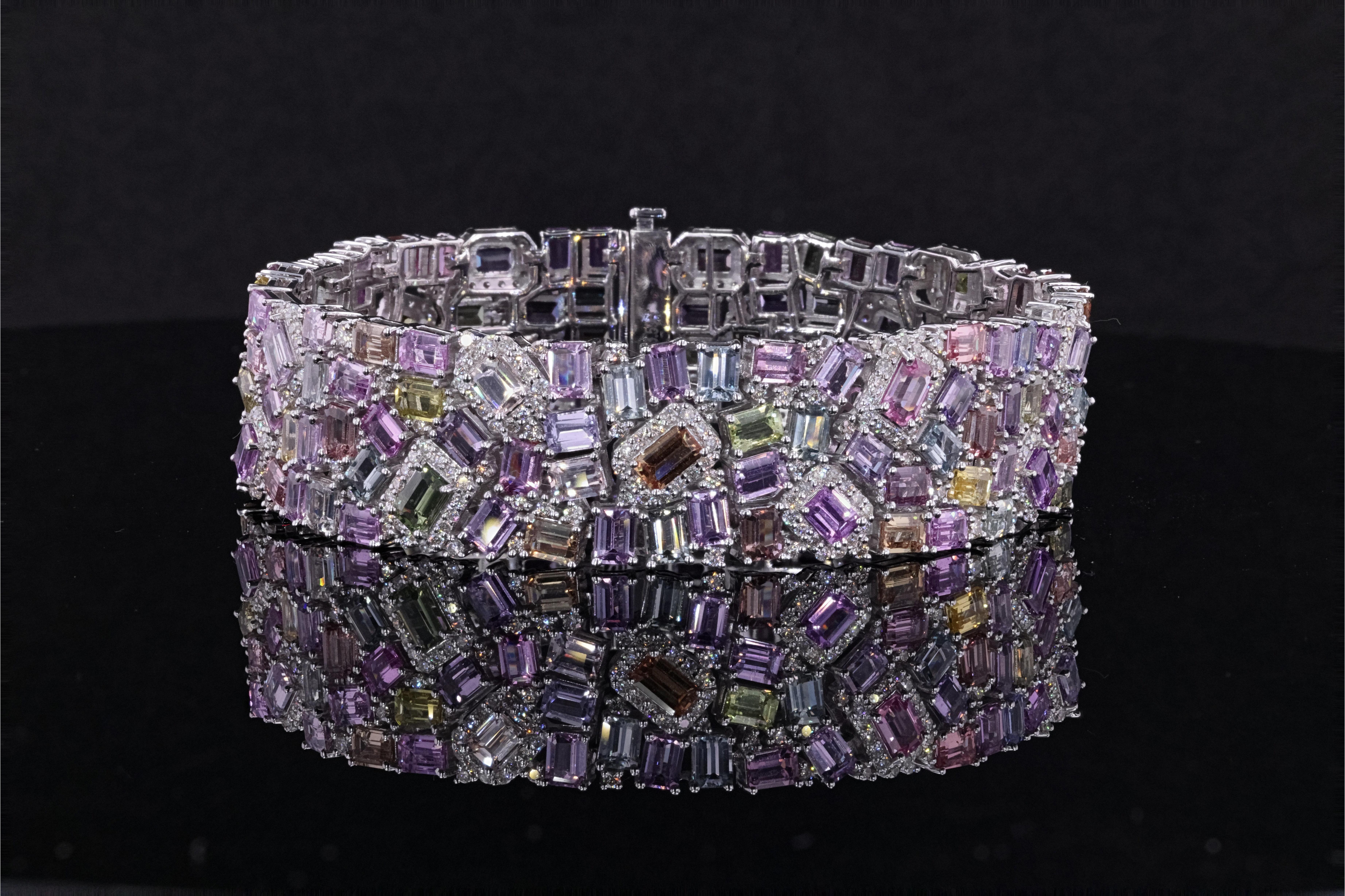Mixed Cut 14k White Gold Multicolor Sapphire Bracelet