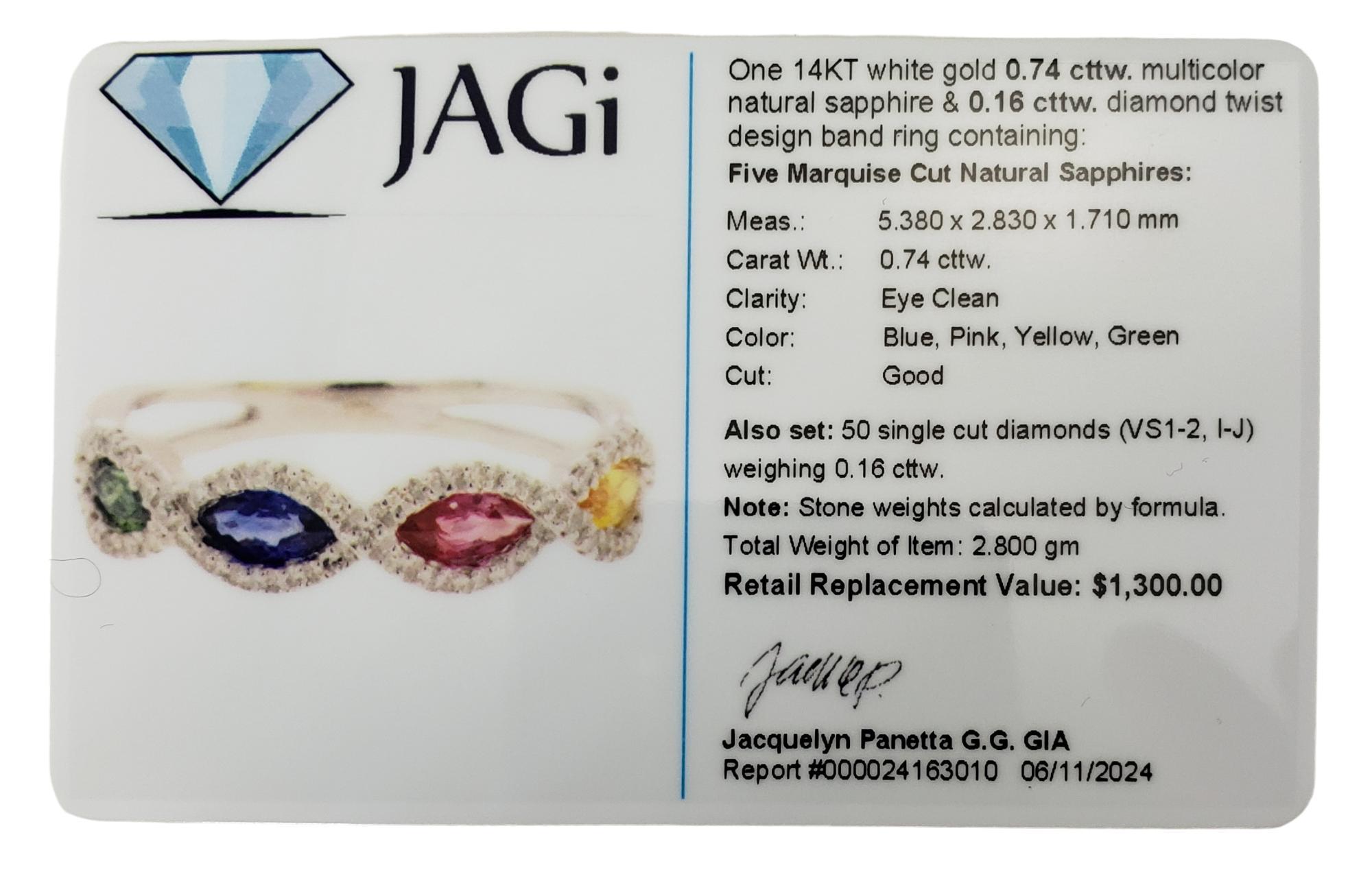 Fascia in oro bianco 14K con zaffiro e diamante multicolore, misura 5,5  #17870 in vendita 3