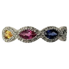 14K Weißgold Mehrfarbiger Saphir & Diamant-Ring Größe 5,5  #17870