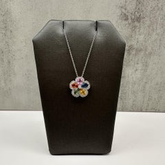 14K White Gold Multicolor Sapphire Diamond Flower Necklace 1.50ctw 18 Inch