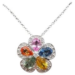 14K White Gold Multicolor Sapphire Diamond Flower Necklace 1.50ctw 18 Inch