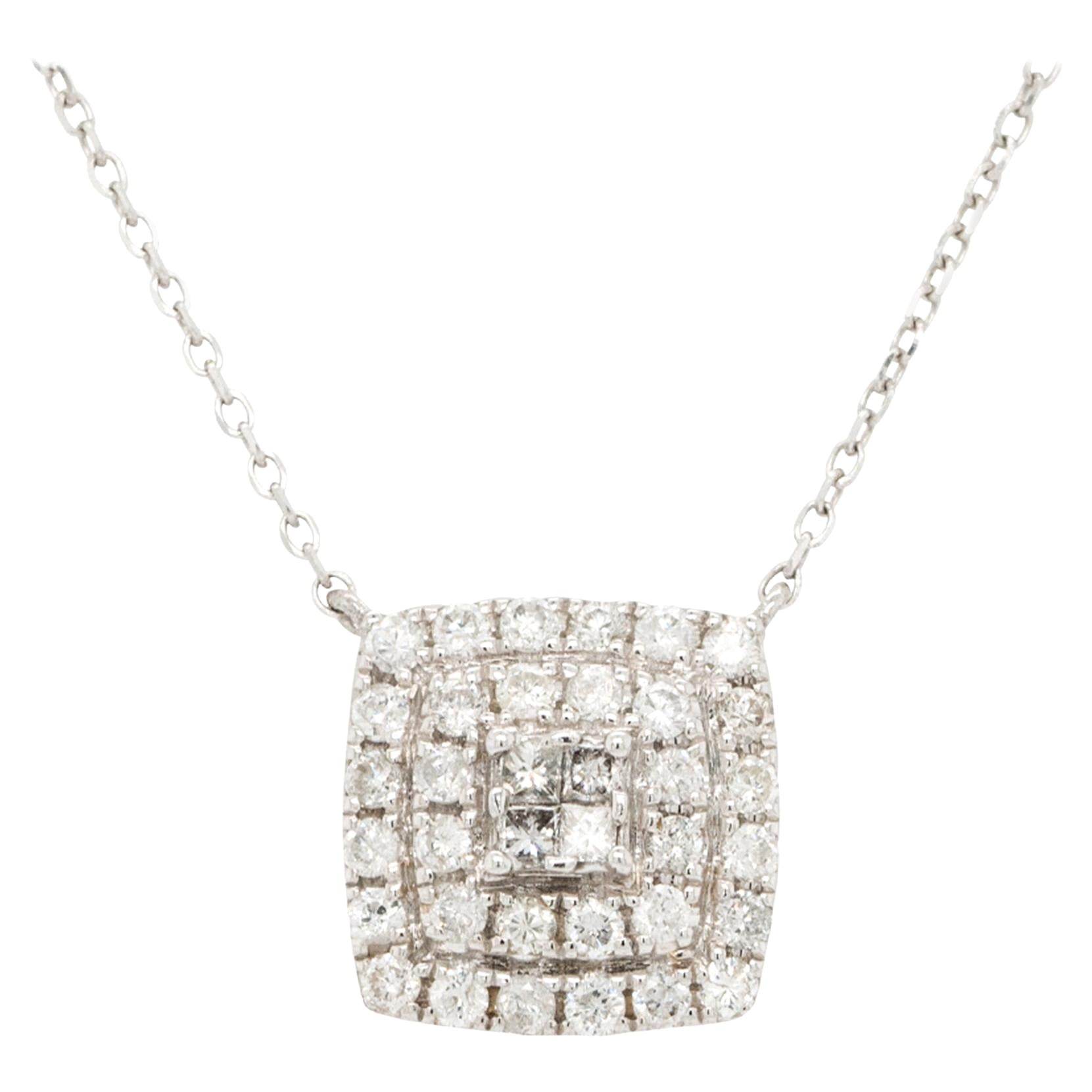 14k White Gold Multiple Rows Diamond Pendant Necklace