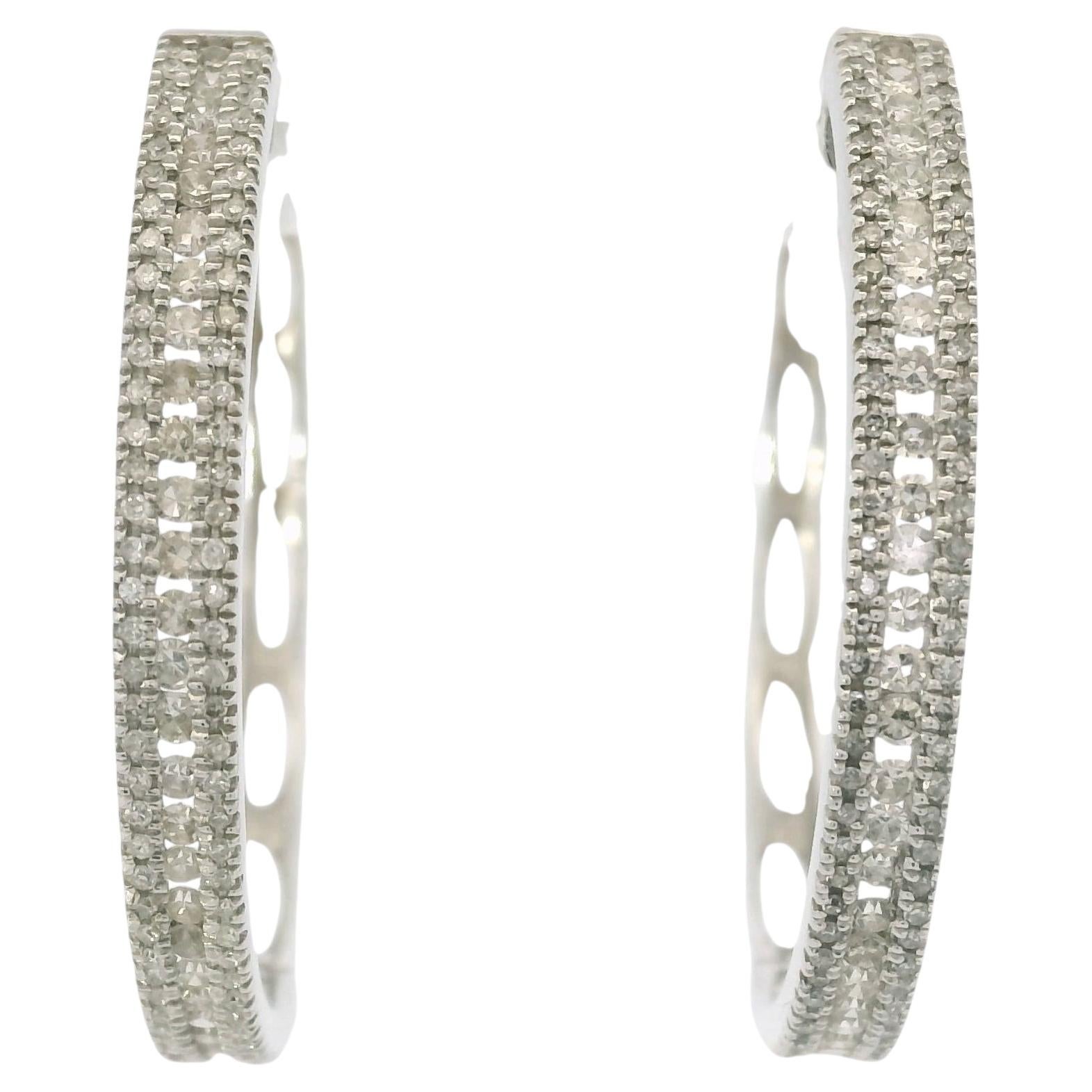14K White Gold Natural 1.06 Carat Round Brilliant Cut Diamond Hoop Earrings